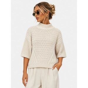 Autumn Cashmere Cream Wool Cashmere Blend Mock Neck Elbow Sleeve Sweater S